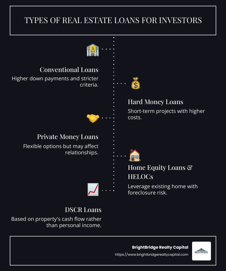 Infographic showing types of real estate loans for investors with pros and cons - Real estate loans for investors infographic infographic-line-5-steps-dark