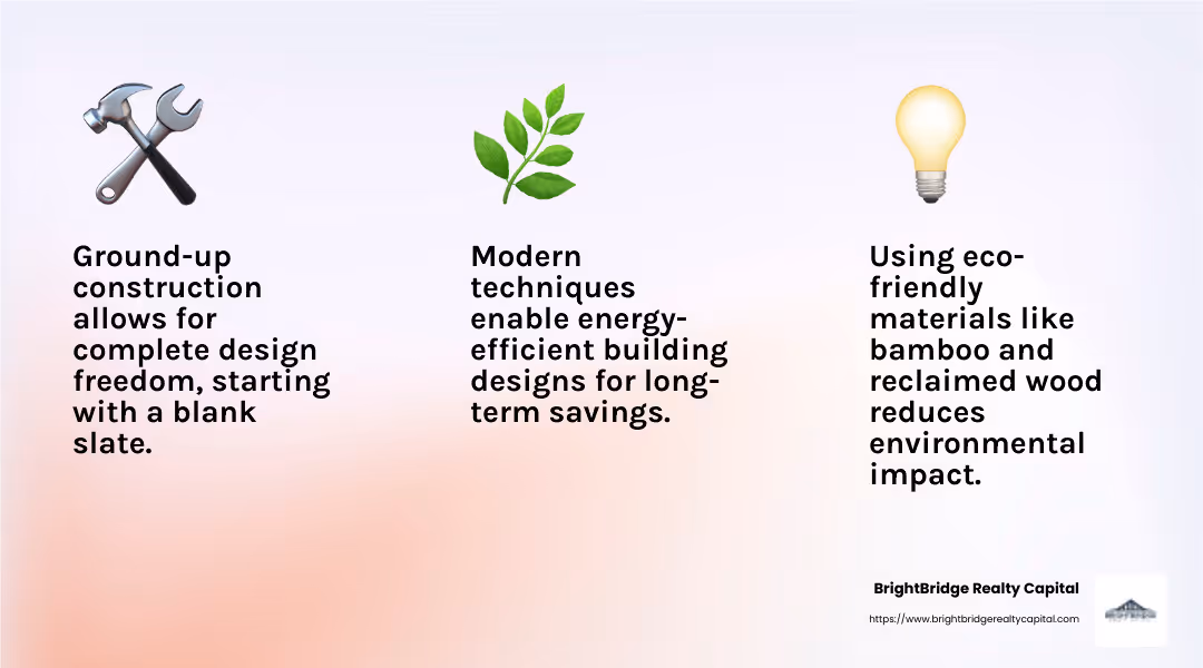 Sustainable materials such as bamboo and reclaimed wood are top choices for eco-friendly construction. - ground up construction projects infographic 3_facts_emoji_light-gradient