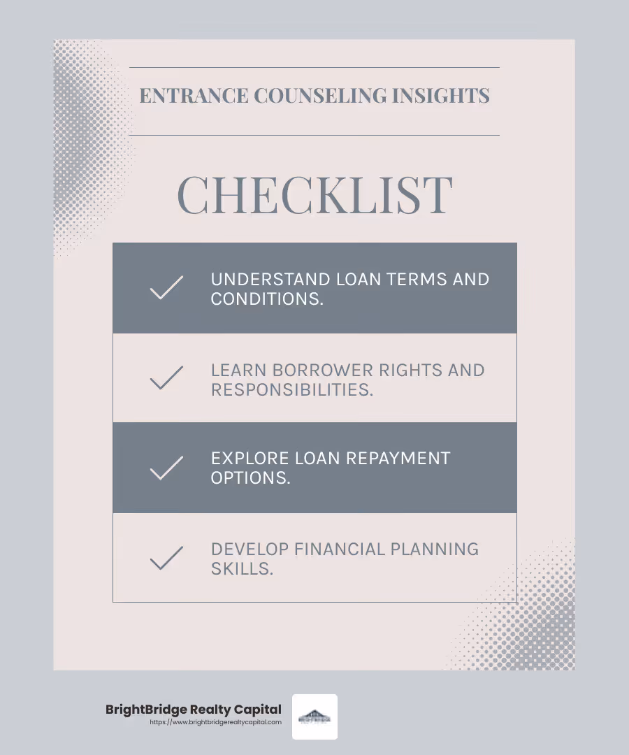 Entrance counseling ensures understanding of loan terms and responsibilities. - direct loan process infographic checklist-light-blue-grey