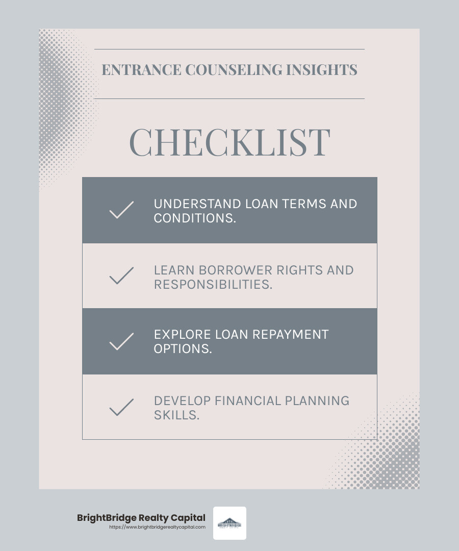 Entrance counseling ensures understanding of loan terms and responsibilities. - direct loan process infographic checklist-light-blue-grey Entrance counseling ensures understanding of loan terms and responsibilities. - direct loan process infographic checklist-light-blue-grey