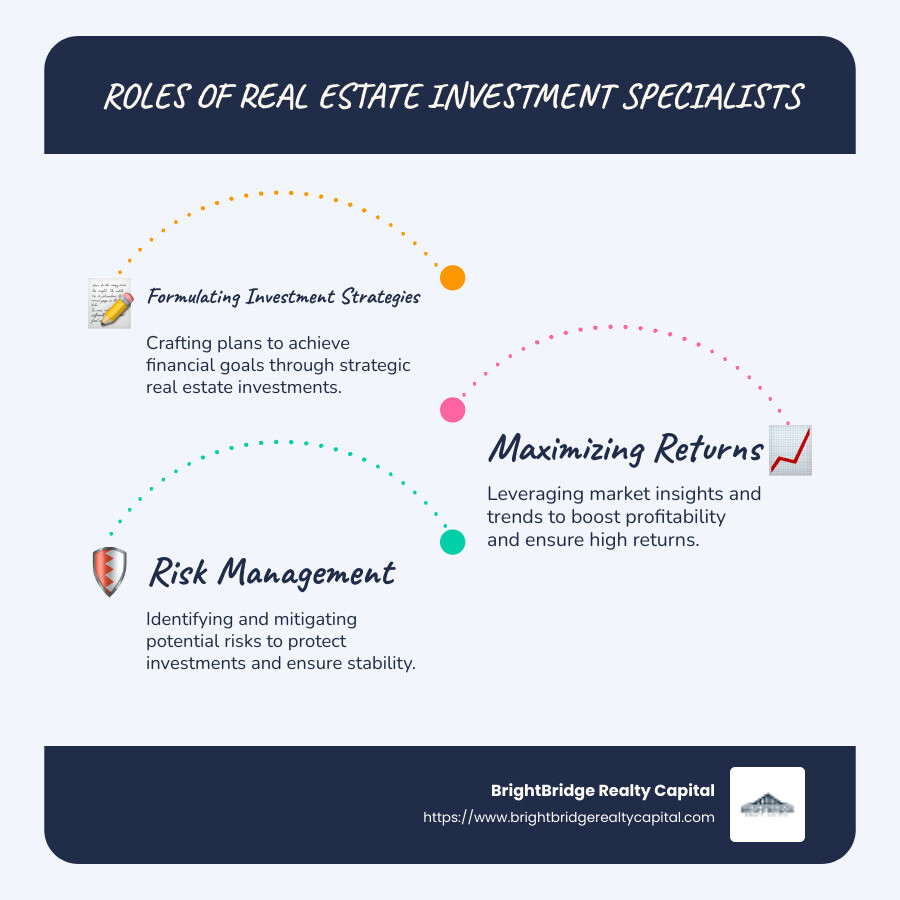 Infographic detailing the roles of real estate investment specialists, including strategy formulation, risk management, and maximizing returns. Includes icons for each role with brief descriptions. - real estate investment specialists infographic infographic-line-3-steps-blues-accent_colors