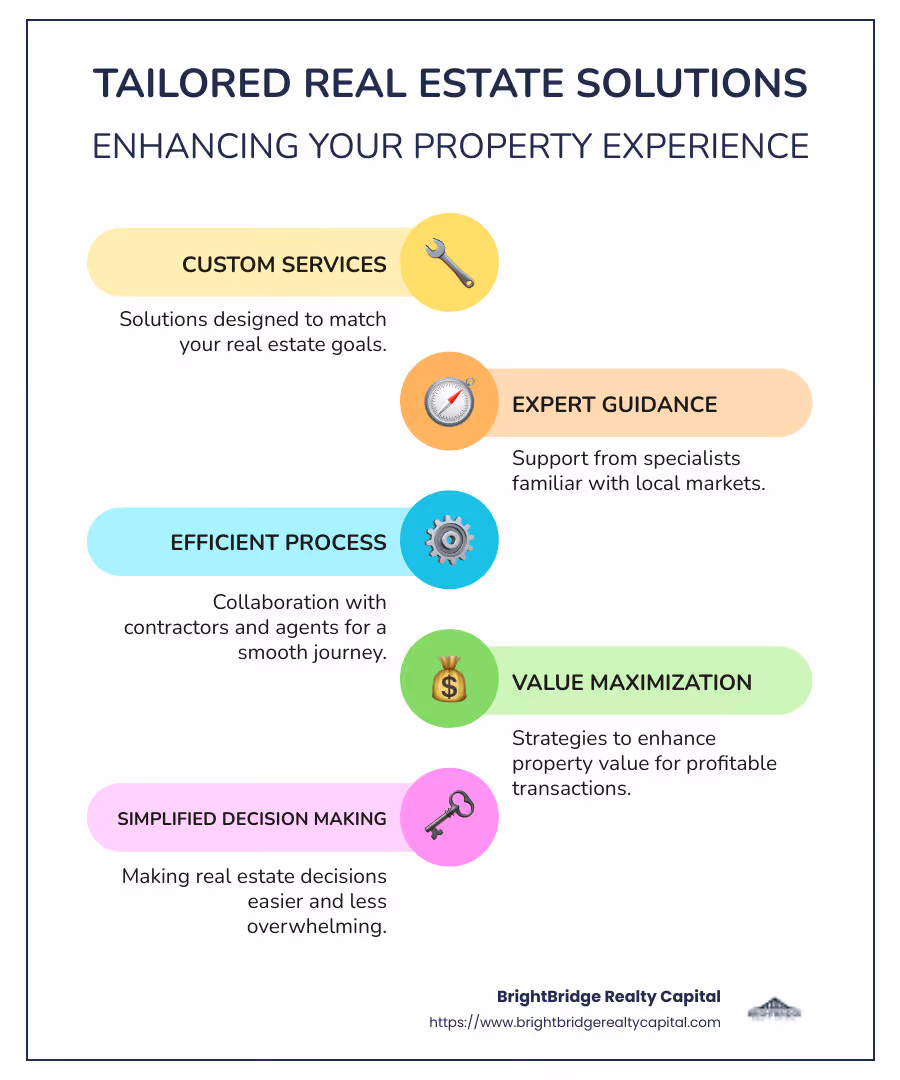 Infographic showing custom real estate solutions process with icons for custom services, expert guidance, efficient process, and value maximization. - custom real estate solutions infographic infographic-line-5-steps-colors