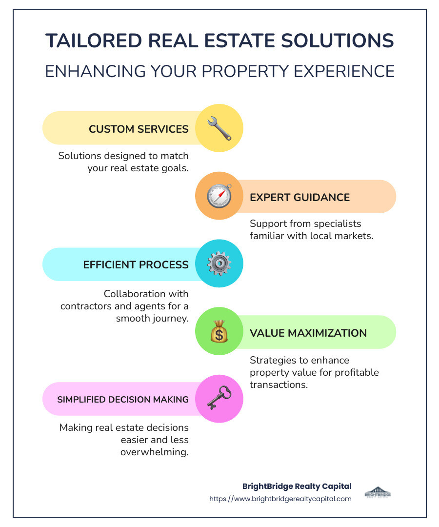 Infographic showing custom real estate solutions process with icons for custom services, expert guidance, efficient process, and value maximization. - custom real estate solutions infographic infographic-line-5-steps-colors Infographic showing custom real estate solutions process with icons for custom services, expert guidance, efficient process, and value maximization. - custom real estate solutions infographic infographic-line-5-steps-colors