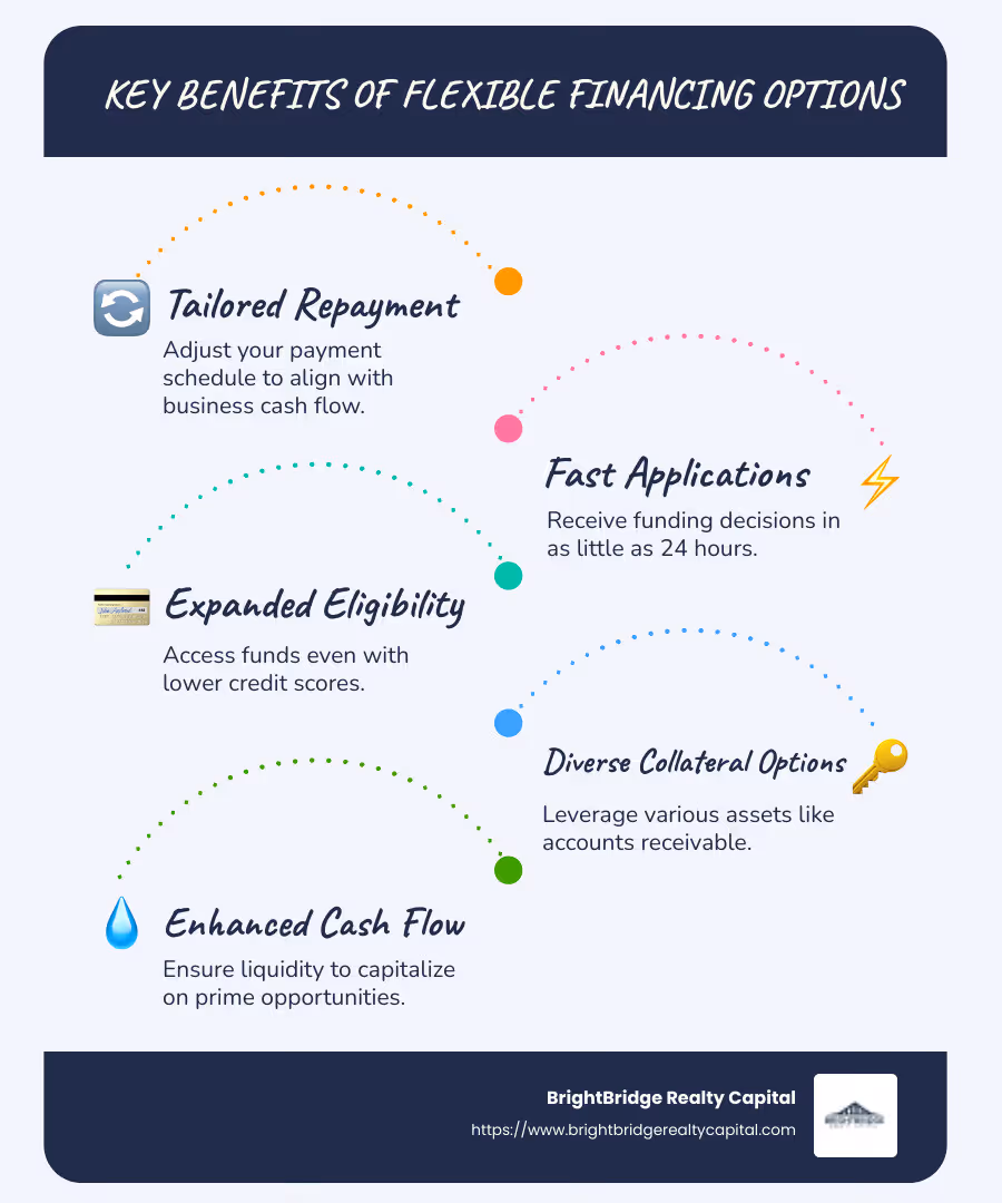 Infographic: Key Benefits of Flexible Financing Options - Custom Repayment, Fast Application, Expanded Eligibility, Diverse Collateral, Improved Cash Flow - flexible financing options infographic infographic-line-5-steps-blues-accent_colors