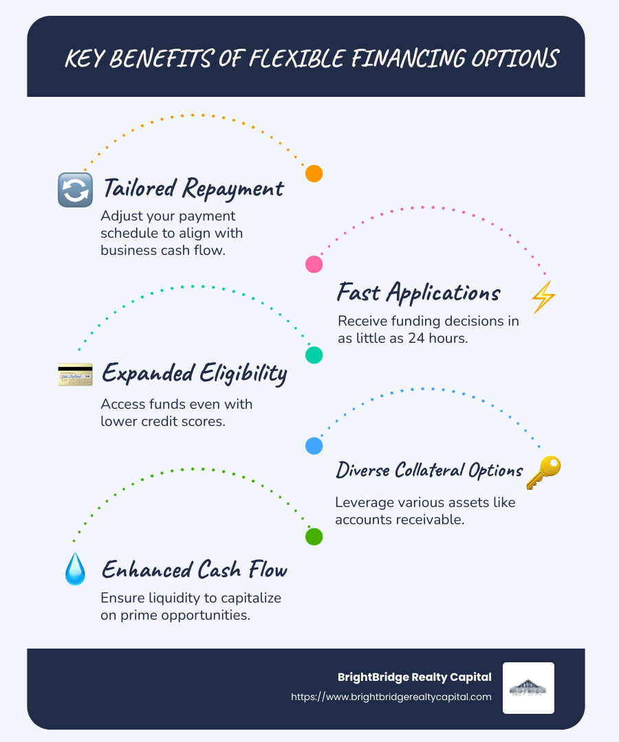Infographic: Key Benefits of Flexible Financing Options - Custom Repayment, Fast Application, Expanded Eligibility, Diverse Collateral, Improved Cash Flow - flexible financing options infographic infographic-line-5-steps-blues-accent_colors Infographic: Key Benefits of Flexible Financing Options - Custom Repayment, Fast Application, Expanded Eligibility, Diverse Collateral, Improved Cash Flow - flexible financing options infographic infographic-line-5-steps-blues-accent_colors