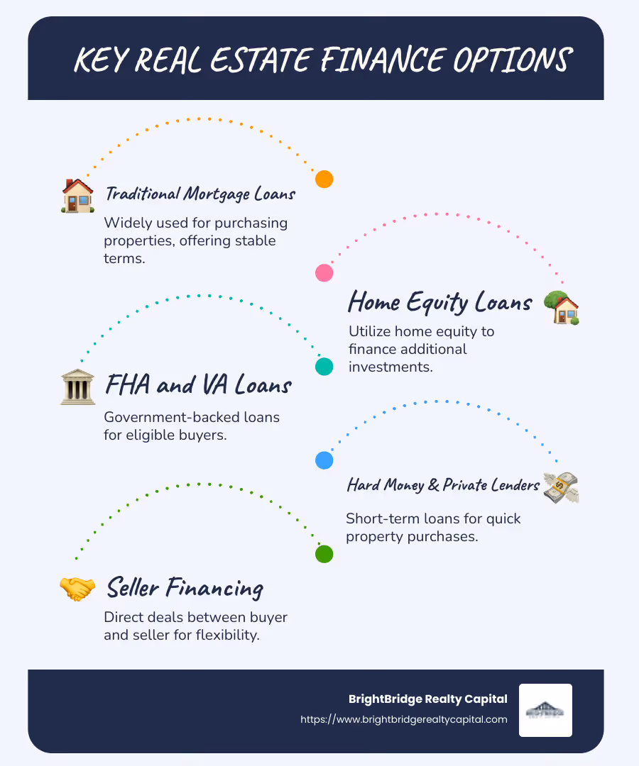 Infographic detailing top real estate finance options, including conventional loans, hard money lenders, and seller financing, with pros and cons for each method - Real estate finance options infographic infographic-line-5-steps-blues-accent_colors