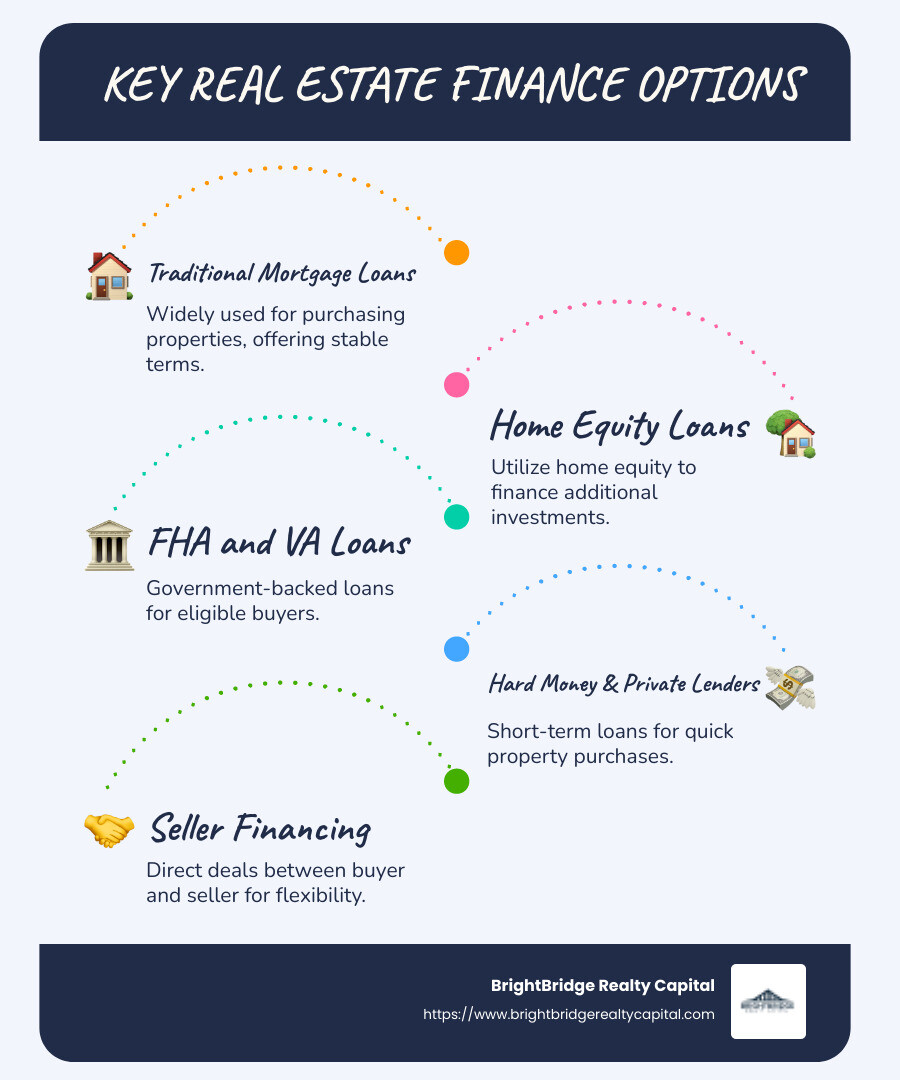 Infographic detailing top real estate finance options, including conventional loans, hard money lenders, and seller financing, with pros and cons for each method - Real estate finance options infographic infographic-line-5-steps-blues-accent_colors Infographic detailing top real estate finance options, including conventional loans, hard money lenders, and seller financing, with pros and cons for each method - Real estate finance options infographic infographic-line-5-steps-blues-accent_colors