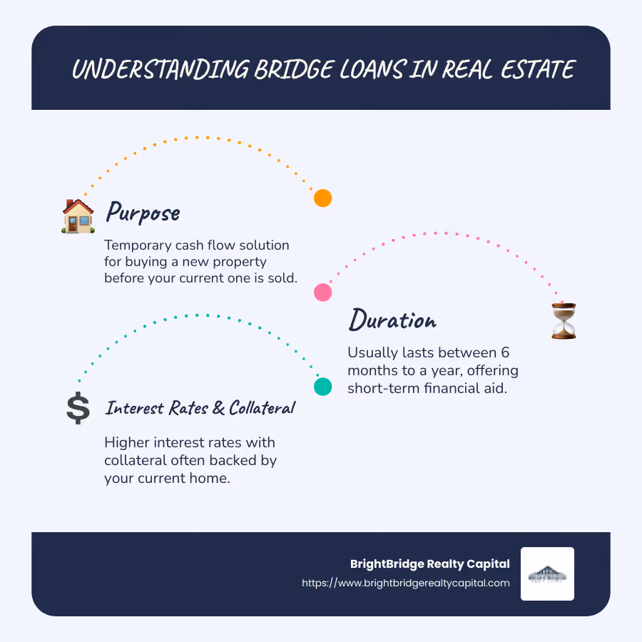 Infographic detailing key points and benefits of using a bridge loan such as duration, purpose, interest rates, and common use scenarios like buying a new property before selling the current one - what is a bridge loan real estate infographic infographic-line-3-steps-blues-accent_colors