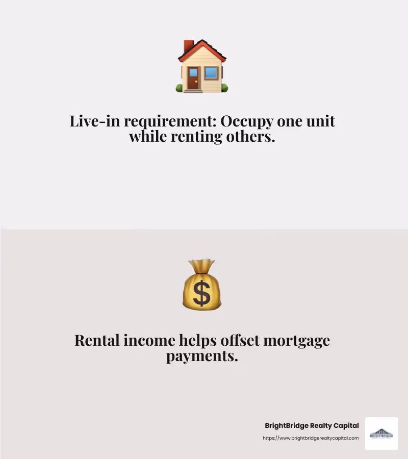 House hacking allows you to live in one unit and rent out others, helping cover your mortgage costs. - fha mortgage for investment property infographic 2_facts_emoji_grey