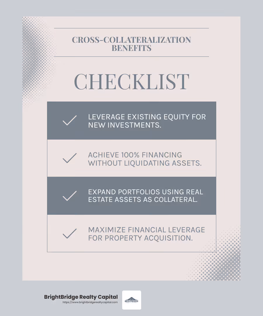 Cross-collateralization allows leveraging existing equity for new investments - how to get 100 financing for a rental property infographic checklist-light-blue-grey