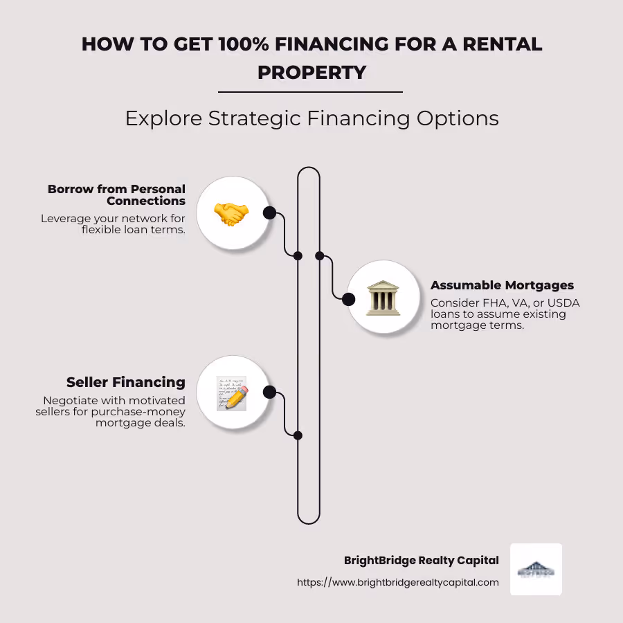 infographic detailing methods of achieving 100% financing for rental properties with bullet points on borrowing, assumable mortgages, and seller financing - how to get 100 financing for a rental property infographic infographic-line-3-steps-neat_beige