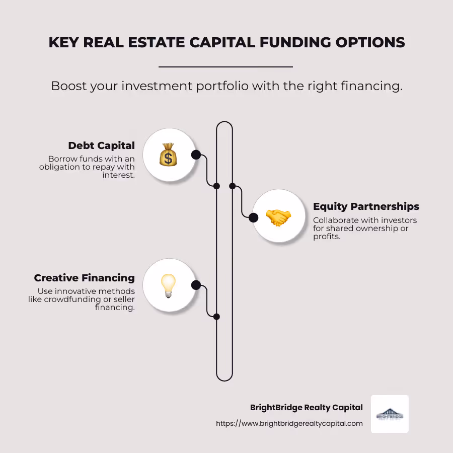 Infographic detailing types of real estate capital funding options, including debt capital, equity partnerships, and creative financing methods - real estate capital funding infographic infographic-line-3-steps-neat_beige