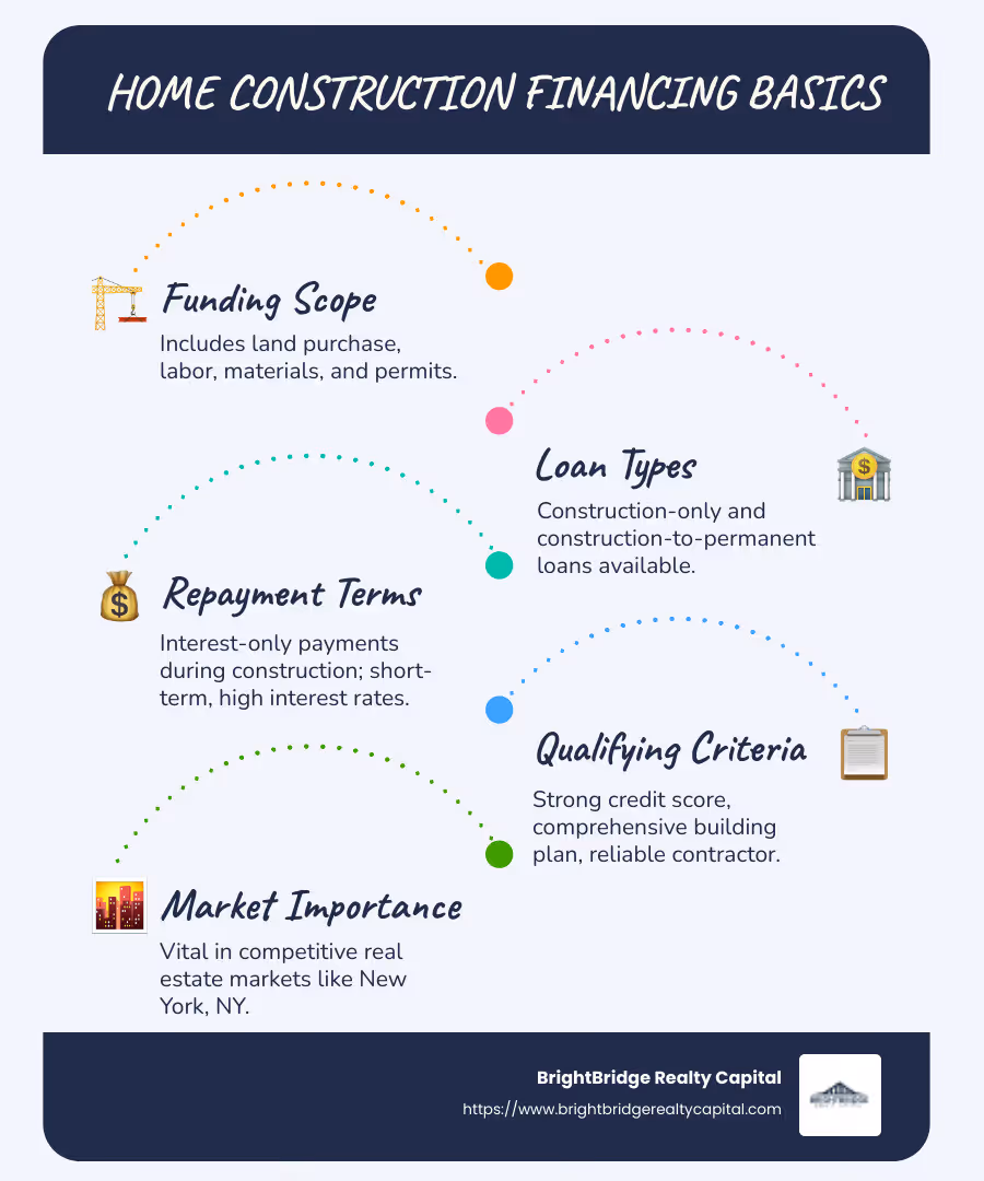 Infographic of home construction financing basics, featuring step-by-step guide on acquiring financing, types of loans available, and key qualifying criteria - home construction financing infographic infographic-line-5-steps-blues-accent_colors