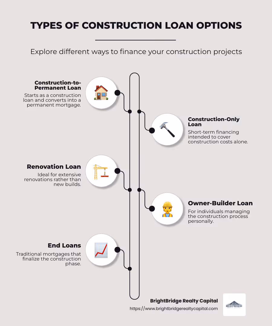 Infographic showing different construction loan options: Construction-to-Permanent, Construction-Only, Renovation, Owner-Builder, End Loans, with brief descriptions. - construction loan options infographic infographic-line-5-steps-neat_beige
