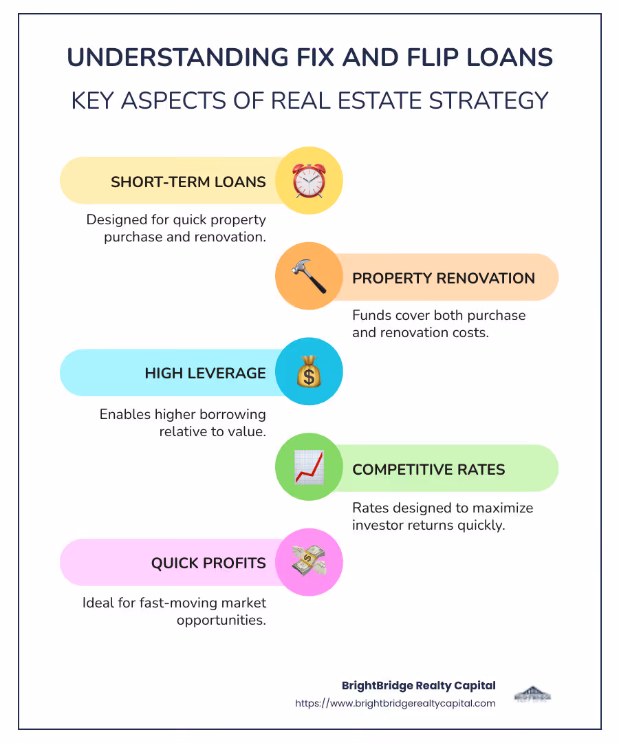 Infographic detailing the basics of fix and flip loans including definitions, short-term nature, and investment opportunities. - what are fix and flip loans infographic infographic-line-5-steps-colors