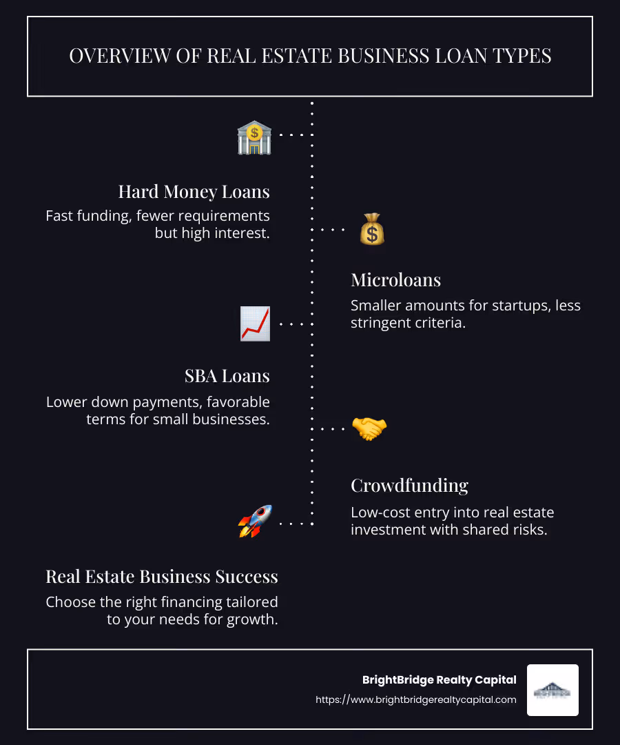 Overview of real estate business loan types - real estate business loans infographic infographic-line-5-steps-dark