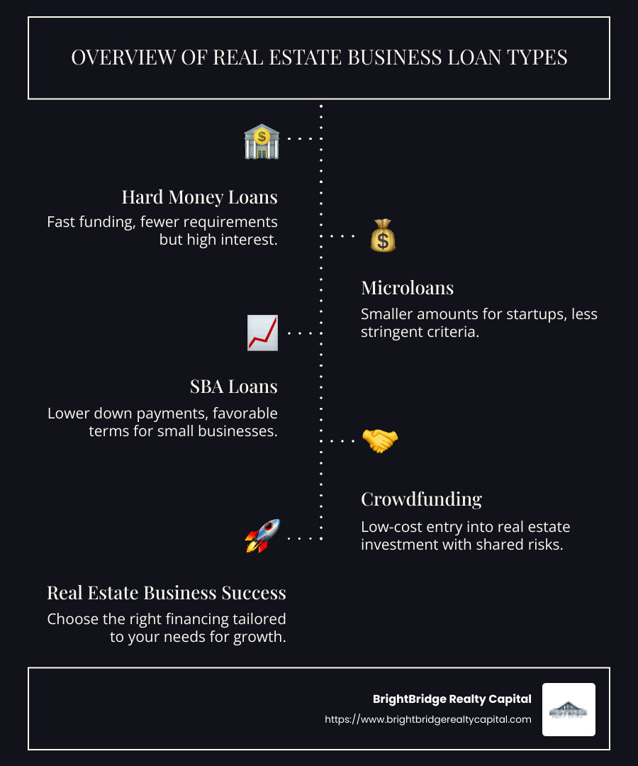 Overview of real estate business loan types - real estate business loans infographic infographic-line-5-steps-dark
