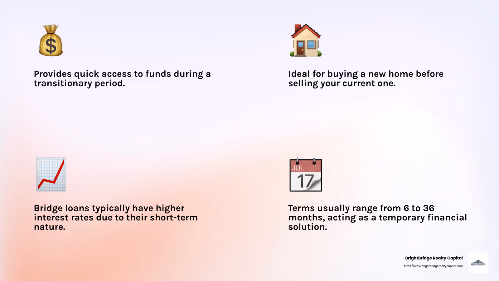 Immediate cash flow benefits of bridge financing - short term bridge financing infographic 4_facts_emoji_light-gradient