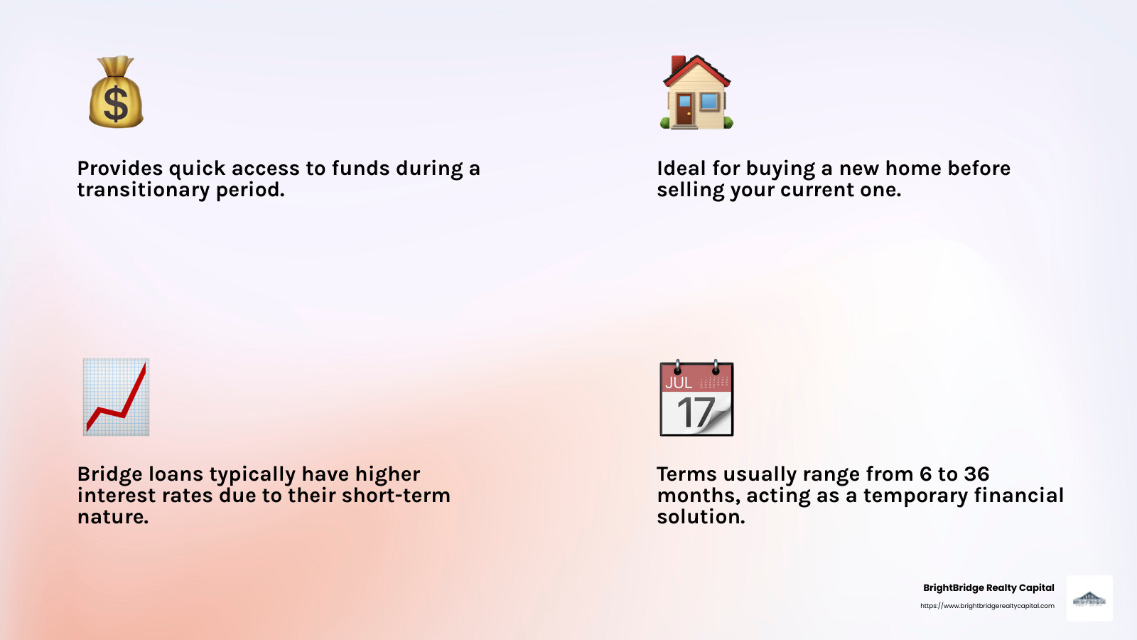 Immediate cash flow benefits of bridge financing - short term bridge financing infographic 4_facts_emoji_light-gradient