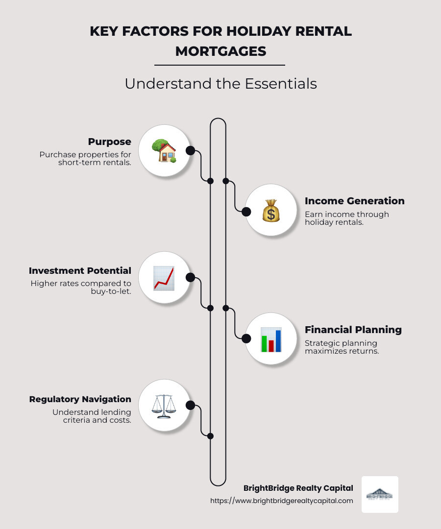 Diagram explaining key factors for holiday rental mortgages like income generation, short-term rental nature, and vacation home investment - holiday rental mortgage infographic infographic-line-5-steps-neat_beige