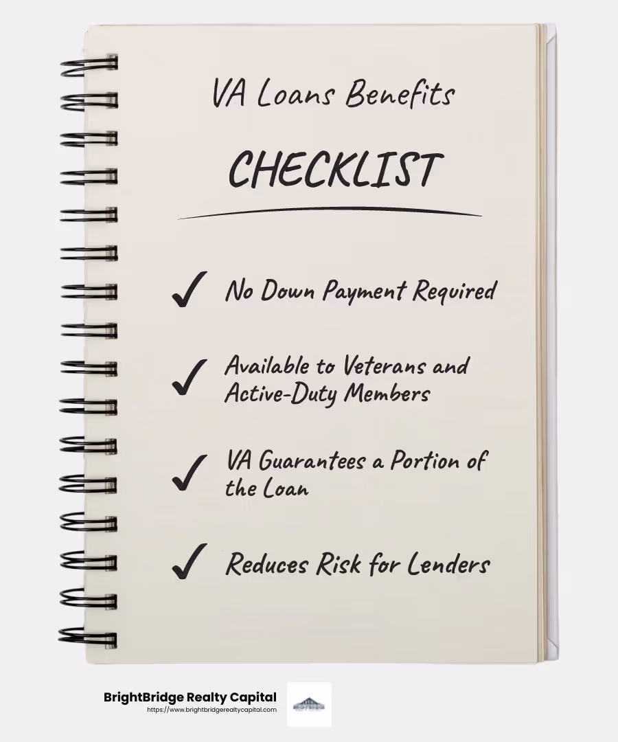 VA loans offer a no-money-down option for eligible veterans and service members. - construction loan down payment infographic checklist-notebook
