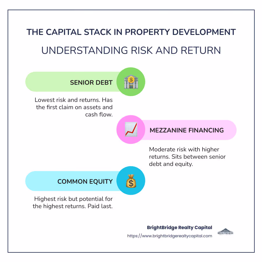 Detailed infographic showing the layers of the capital stack in property development, including senior debt, mezzanine financing, preferred equity, and common equity, along with risk and return levels for each layer. - property development funding infographic infographic-line-3-steps-colors