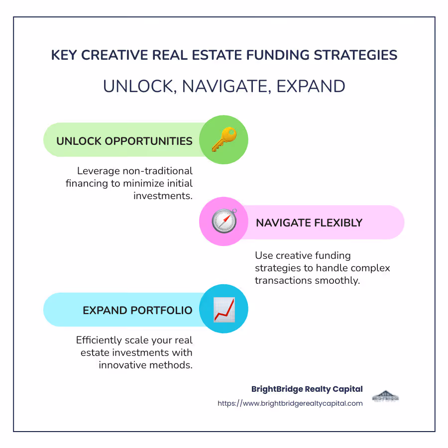 An infographic summarizing key creative real estate funding strategies and their benefits, including leveraging non-traditional financing, enabling swift property acquisition, and optimizing investment opportunities - creative real estate funding infographic infographic-line-3-steps-colors