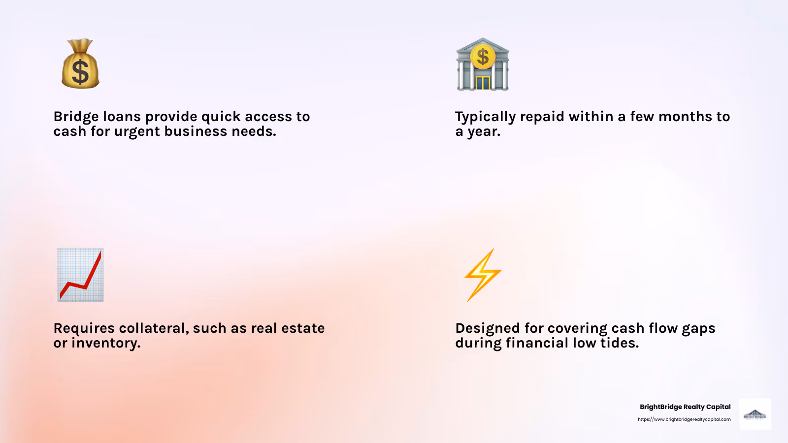 Bridge loans provide immediate cash flow to manage urgent expenses while awaiting long-term funding. - short term business bridge loans infographic 4_facts_emoji_light-gradient