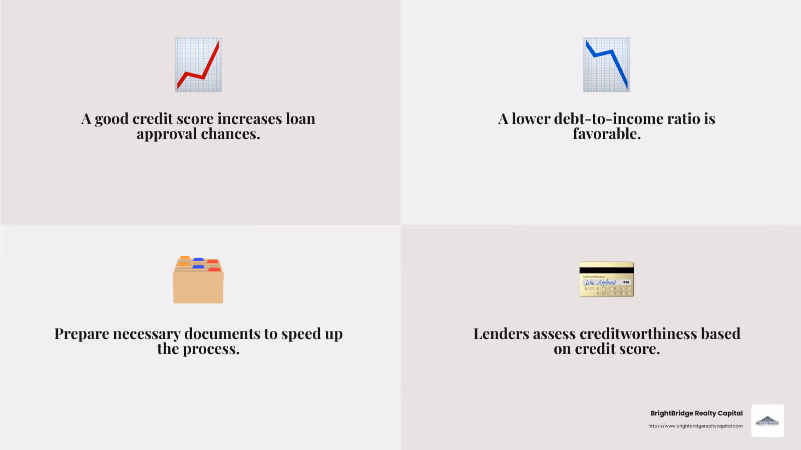 A high credit score and low debt-to-income ratio can improve your loan approval chances. - short term business bridge loans infographic 4_facts_emoji_grey