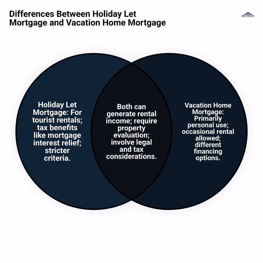 Infographic explaining differences between holiday let mortgage and vacation home mortgage, including key criteria like rental requirements, tax benefits, and property usage - mortgage for holiday rental property infographic venn_diagram