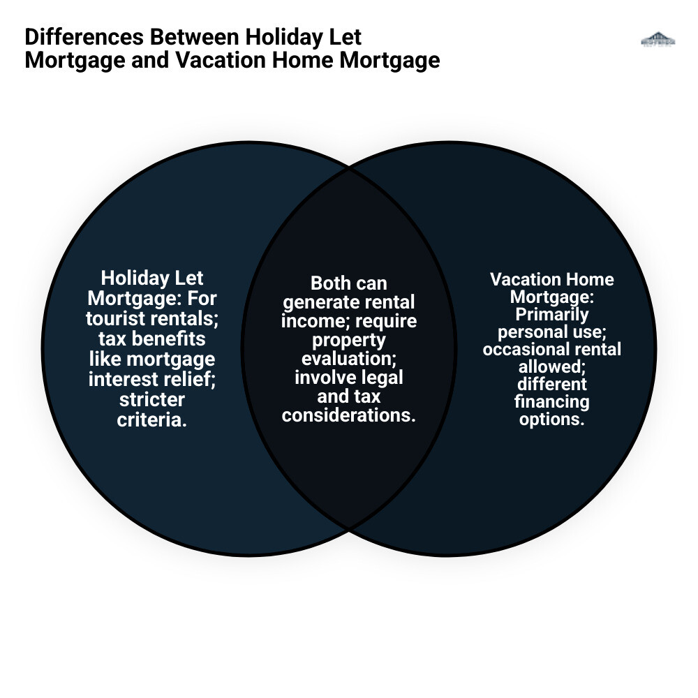 Infographic explaining differences between holiday let mortgage and vacation home mortgage, including key criteria like rental requirements, tax benefits, and property usage - mortgage for holiday rental property infographic venn_diagram