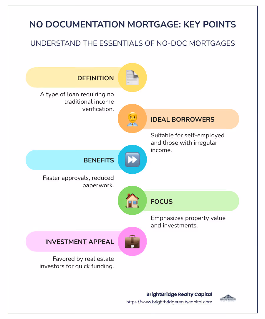 No documentation mortgage infographic with key points summarized: definition, ideal borrowers, benefits such as speed and reduced paperwork, and focus on property value - no documentation mortgage infographic infographic-line-5-steps-colors