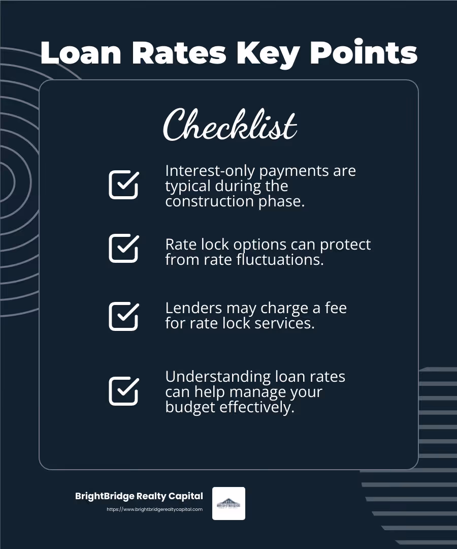Interest-Only Payments and Rate Locks - construction loan requirements infographic checklist-dark-blue