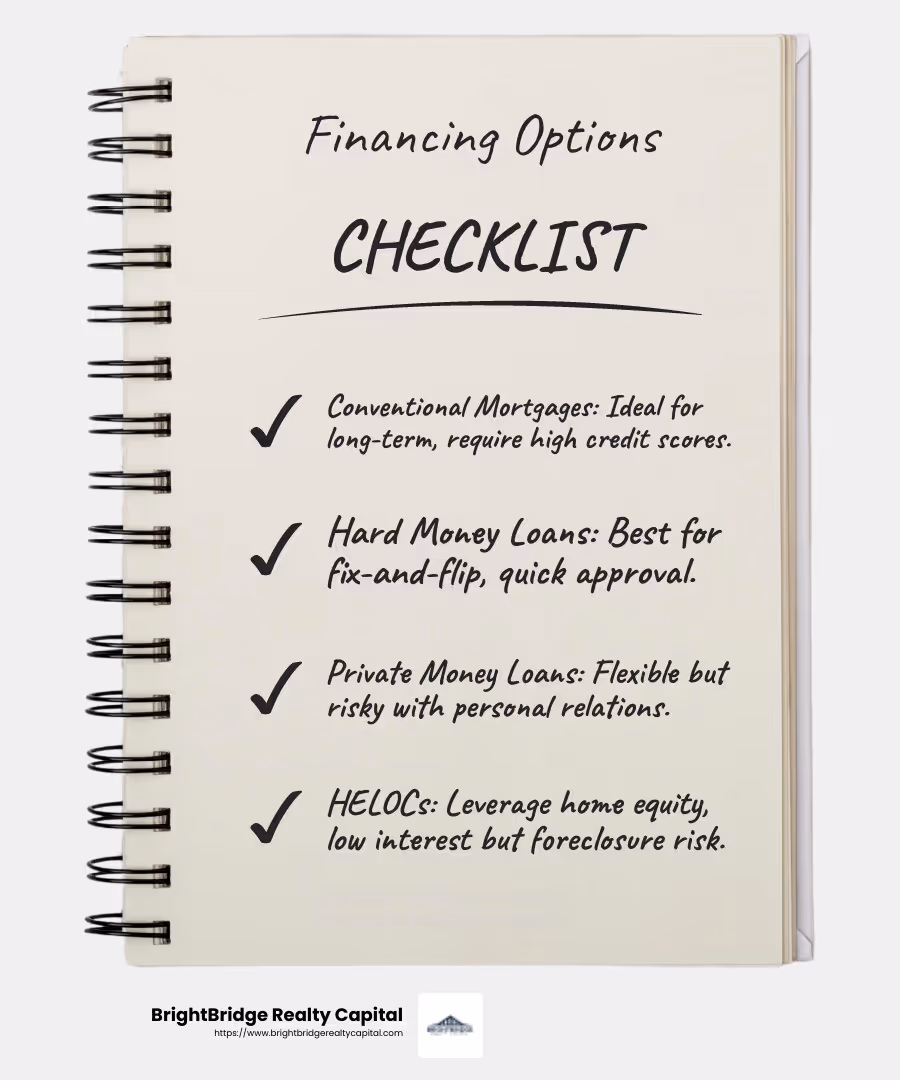 Real estate financing options infographic - funding for real estate investors infographic checklist-notebook