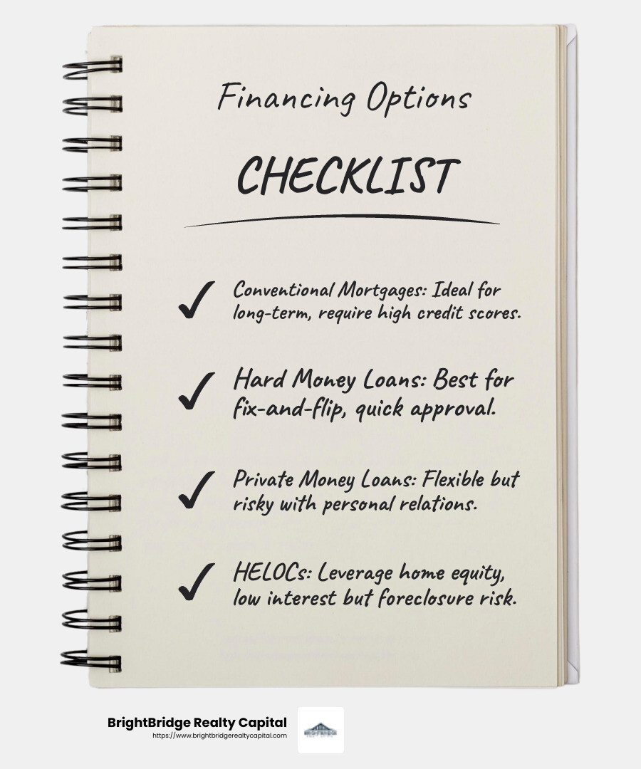 Real estate financing options infographic - funding for real estate investors infographic checklist-notebook