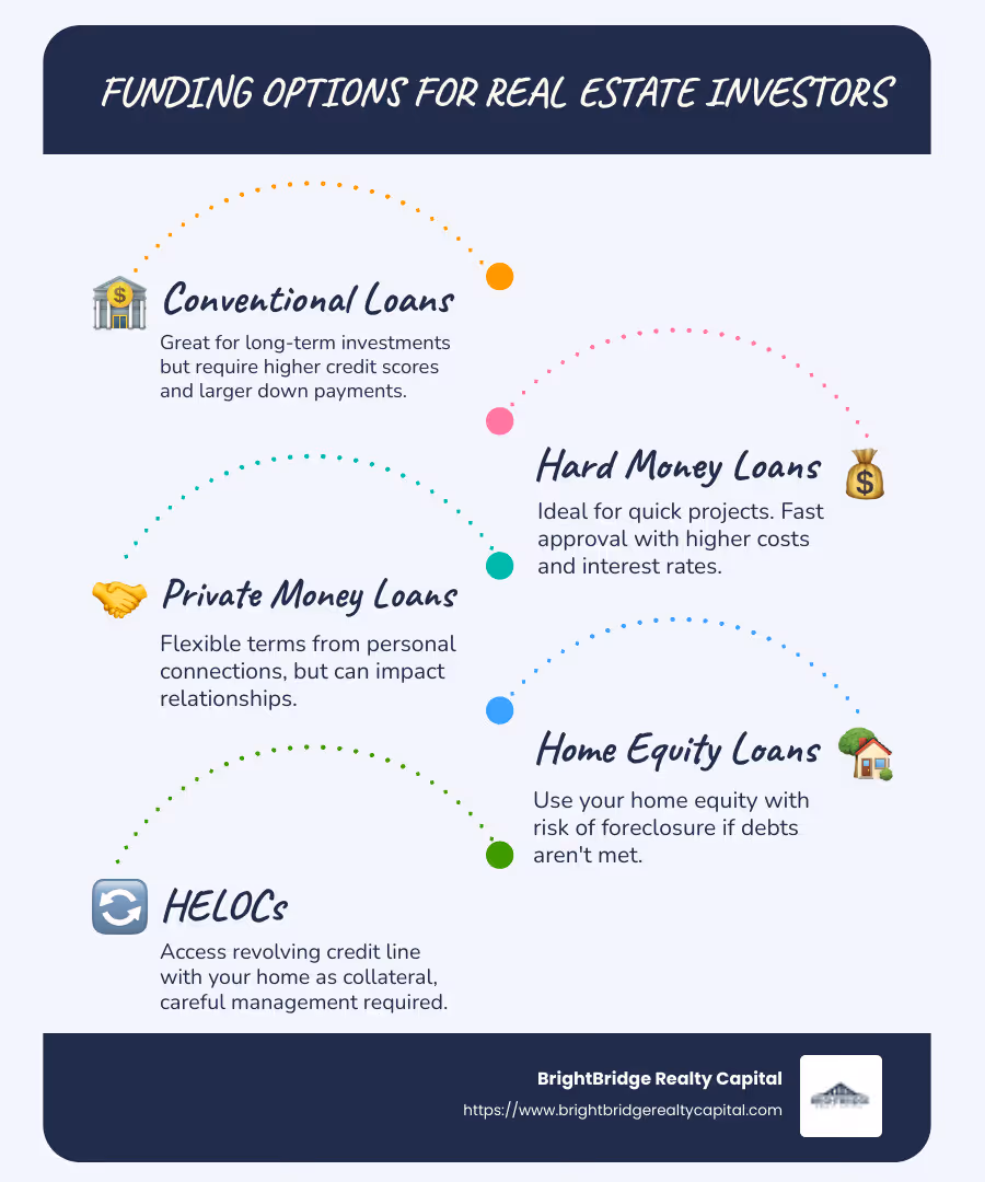 infographic with funding options for real estate investors, showing a comparison of conventional loans, hard money loans, private money loans, and home equity loans, including their approval speeds, interest rates, risk levels, and recommended duration of use - funding for real estate investors infographic infographic-line-5-steps-blues-accent_colors
