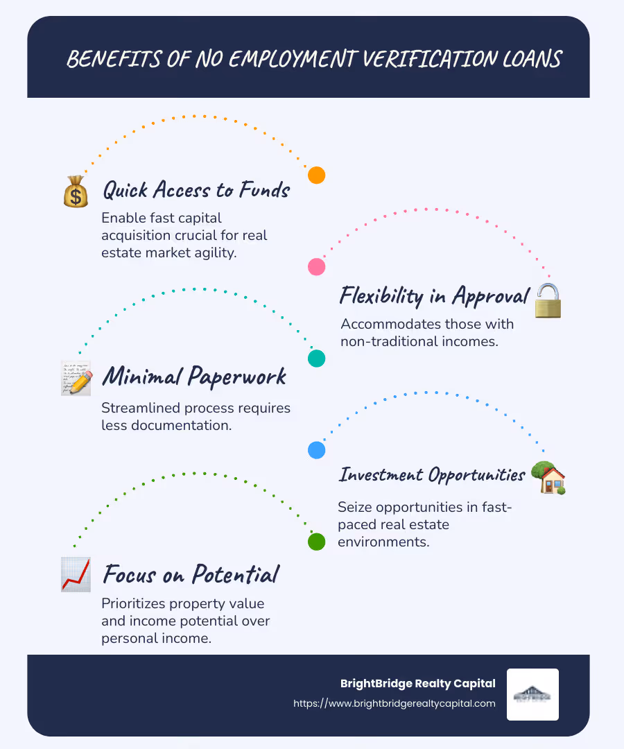 Infographic showing no employment verification loans benefits and purposes - no employment verification loans infographic infographic-line-5-steps-blues-accent_colors