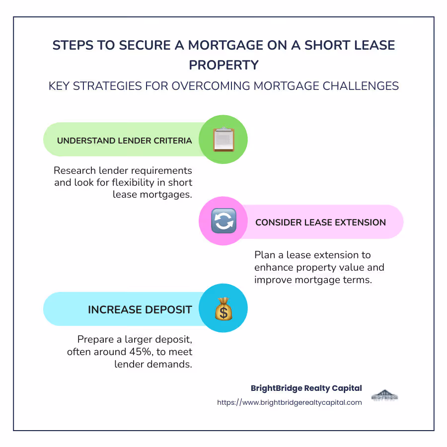 Infographic showing steps to secure a mortgage on a short lease property: understanding lender criteria, increasing deposit, considering lease extension, and finding specialist lenders - getting a mortgage on a short lease property infographic infographic-line-3-steps-colors