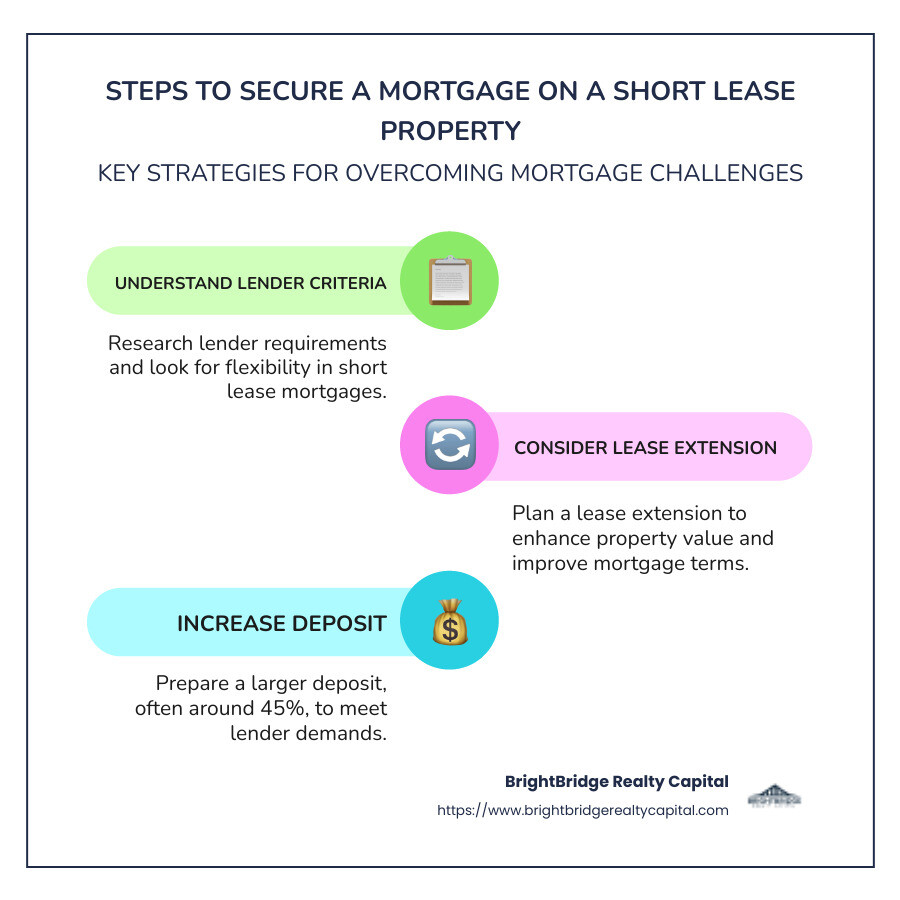 Infographic showing steps to secure a mortgage on a short lease property: understanding lender criteria, increasing deposit, considering lease extension, and finding specialist lenders - getting a mortgage on a short lease property infographic infographic-line-3-steps-colors Infographic showing steps to secure a mortgage on a short lease property: understanding lender criteria, increasing deposit, considering lease extension, and finding specialist lenders - getting a mortgage on a short lease property infographic infographic-line-3-steps-colors