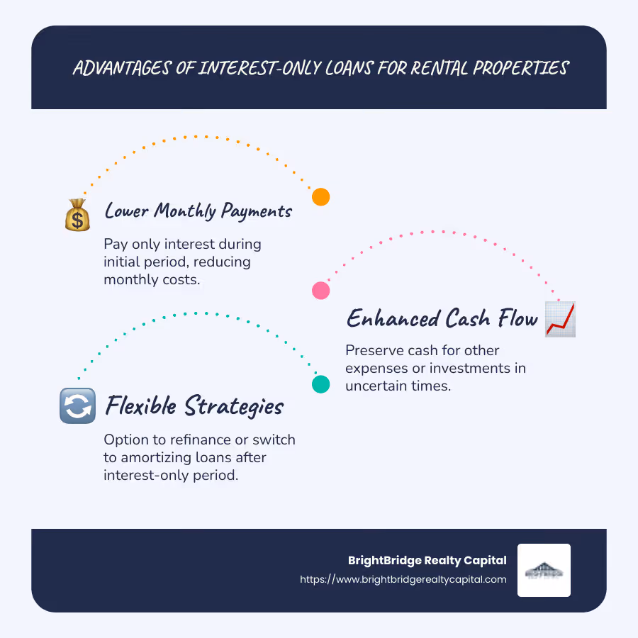 Infographic depicting the advantages and features of interest-only loans for rental properties: lower initial monthly payments, increased cash flow flexibility, potential for reinvestment, and eventual options for refinancing or converting to traditional loans. Clearly labeled sections with arrows showing the transition from interest-only payments to refinancing or amortization. - interest only loan for rental property infographic infographic-line-3-steps-blues-accent_colors