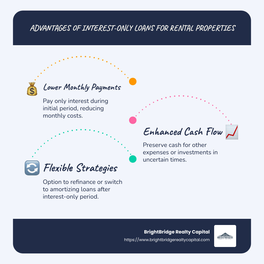 Infographic depicting the advantages and features of interest-only loans for rental properties: lower initial monthly payments, increased cash flow flexibility, potential for reinvestment, and eventual options for refinancing or converting to traditional loans. Clearly labeled sections with arrows showing the transition from interest-only payments to refinancing or amortization. - interest only loan for rental property infographic infographic-line-3-steps-blues-accent_colors Infographic depicting the advantages and features of interest-only loans for rental properties: lower initial monthly payments, increased cash flow flexibility, potential for reinvestment, and eventual options for refinancing or converting to traditional loans. Clearly labeled sections with arrows showing the transition from interest-only payments to refinancing or amortization. - interest only loan for rental property infographic infographic-line-3-steps-blues-accent_colors