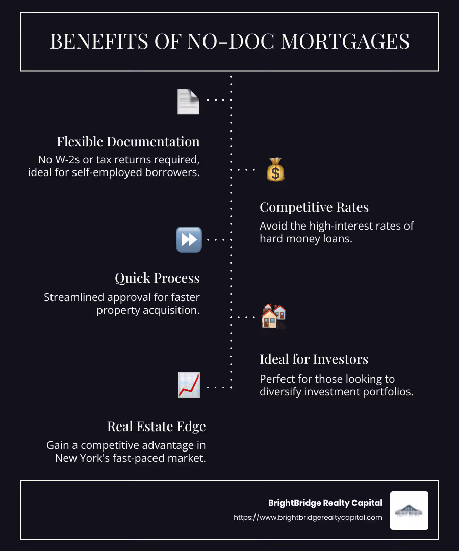 Infographic illustrating the benefits of no-doc mortgages: flexible documentation, competitive rates, quick approval, and ideal for self-employed and real estate investors - no doc mortgage NY infographic infographic-line-5-steps-dark