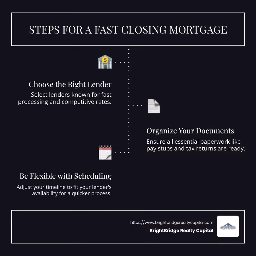 A detailed infographic illustrating a step-by-step pathway from mortgage application to rapid closing, highlighting key factors such as lender selection, documentation preparedness, and flexible scheduling as crucial components for successful fast mortgage closings. - fast closing mortgage infographic infographic-line-3-steps-dark