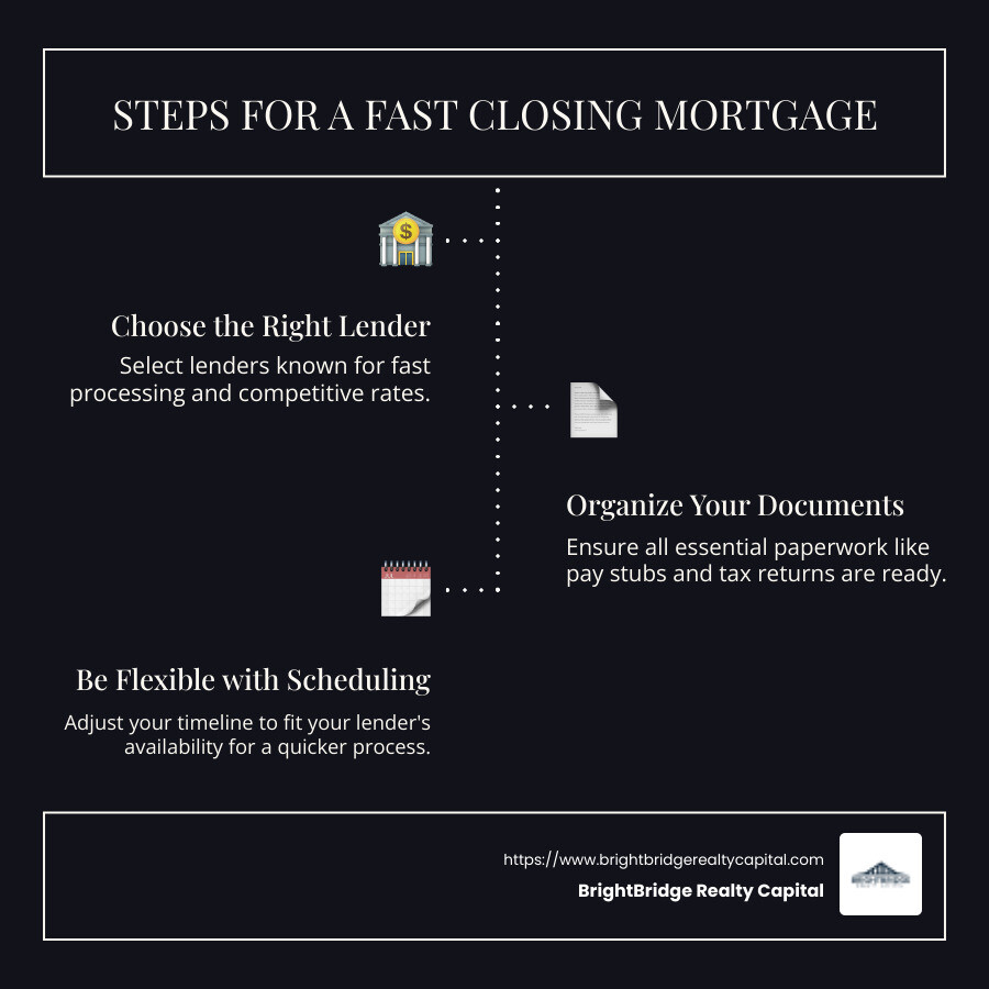 A detailed infographic illustrating a step-by-step pathway from mortgage application to rapid closing, highlighting key factors such as lender selection, documentation preparedness, and flexible scheduling as crucial components for successful fast mortgage closings. - fast closing mortgage infographic infographic-line-3-steps-dark A detailed infographic illustrating a step-by-step pathway from mortgage application to rapid closing, highlighting key factors such as lender selection, documentation preparedness, and flexible scheduling as crucial components for successful fast mortgage closings. - fast closing mortgage infographic infographic-line-3-steps-dark