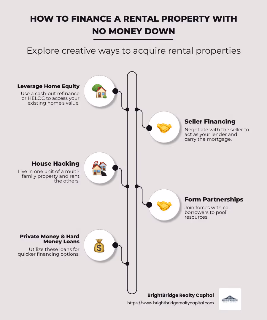 Infographic detailing five strategies for acquiring rental properties with no money down: leveraging home equity, seller financing, house hacking, forming partnerships, and exploring private money lenders - how to finance a rental property with no money down infographic infographic-line-5-steps-neat_beige