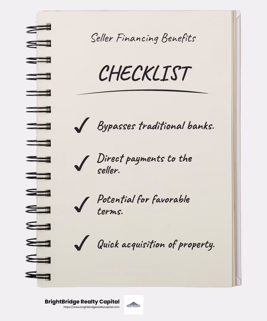 Seller financing is a win-win for motivated sellers and buyers short on funds. - how to finance a rental property with no money down infographic checklist-notebook