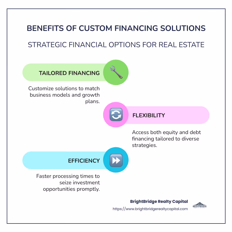 Infographic illustrating different types of custom financing solutions and their benefits—custom options, faster processing times, and strategic alignment with business goals. - custom financing solutions infographic infographic-line-3-steps-colors