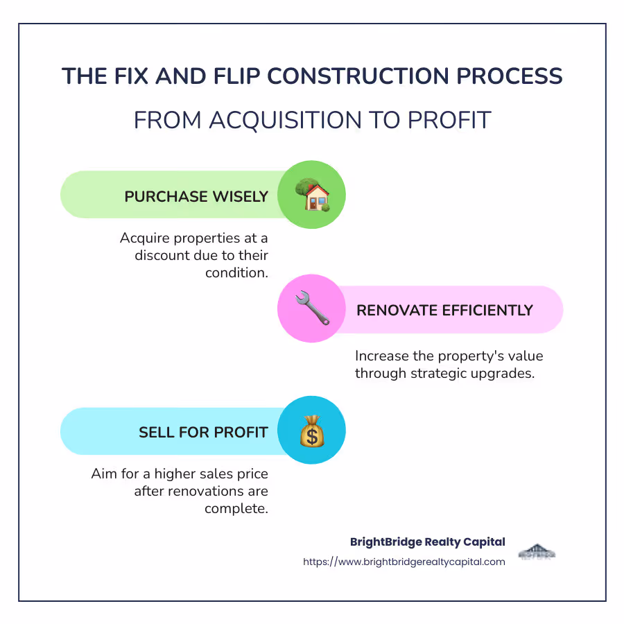 Overview of Fix and Flip Construction Process from Purchase to Profit with Elements like Cost Considerations, Renovation Steps, and Selling Strategies - fix and flip construction infographic infographic-line-3-steps-colors