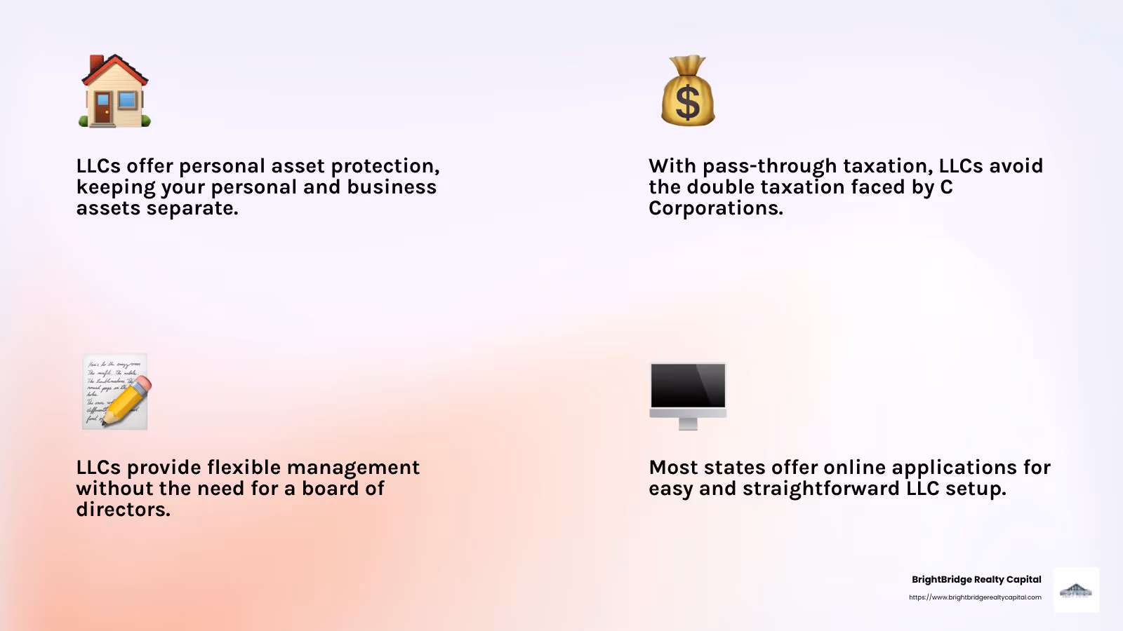 LLCs are easy to set up and maintain, offering a less complicated structure than corporations. - fix and flip llc infographic 4_facts_emoji_light-gradient