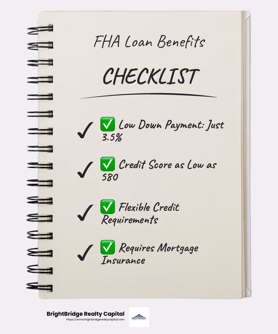 FHA loans offer low down payments and more flexible credit requirements. - property loan programs infographic checklist-notebook